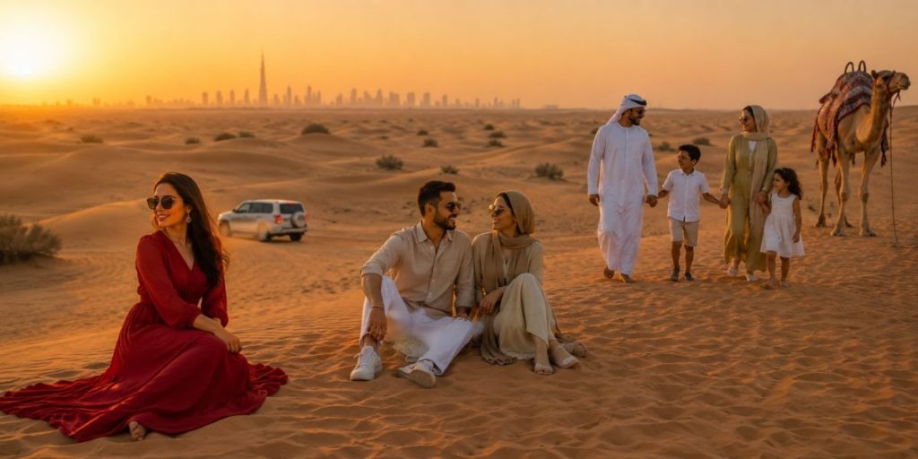 Couple and family posing during Dubai desert safari at sunset