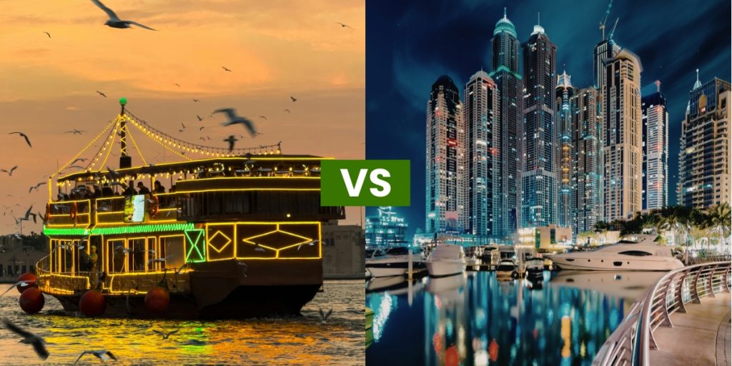 Dubai Creek dhow cruise vs Dubai Marina cruise comparison at night